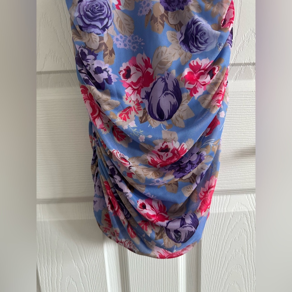SHEIN PETITE FLORAL PRINT RUCHED SIDE BUSTIER MESH CAMI BODYCON DRESS SIZE S/4 - Picture 4 of 7